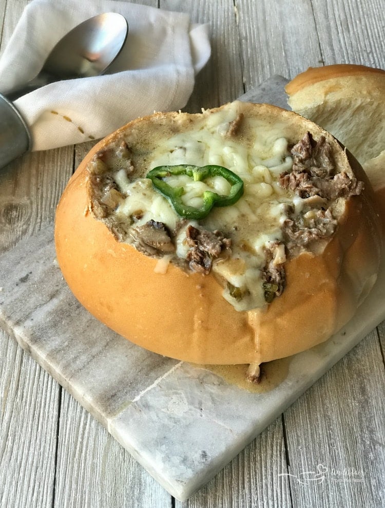 Philly Cheese Steak Soup in a Bread Bowl