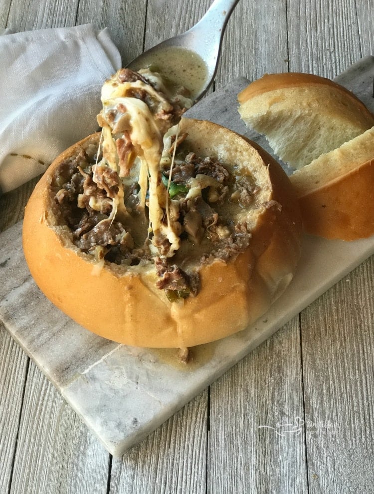 Philly Cheese Steak Soup Served In A Bread Bowl Easy 30 Minute Meal