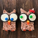 2 Cocoa Krispy Owls on a wood surface