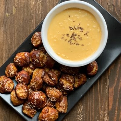 Quick Pretzel Bites with Sauerkraut Cheddar Cheese Sauce