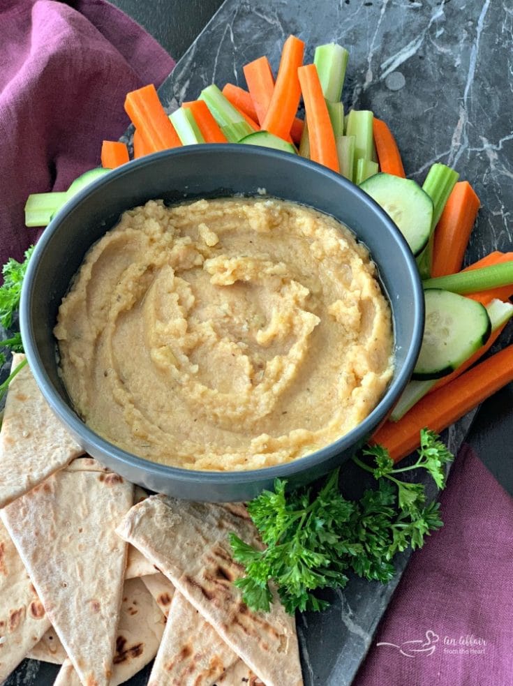 Cauliflower Hummus ina blue bowl