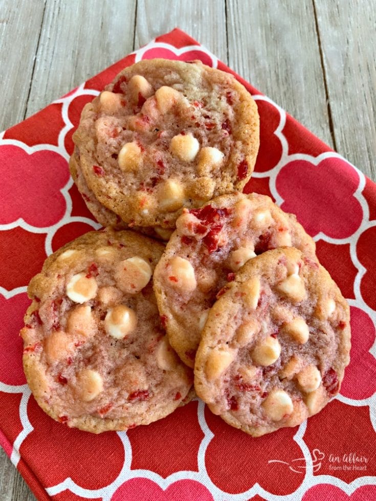 White Chocolate Cherry Cookies on a red and white cloth napkin