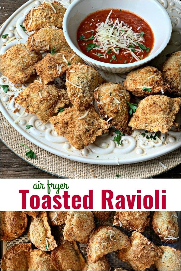 Pinterest double image with text "Air Fryer Toasted Ravioli"