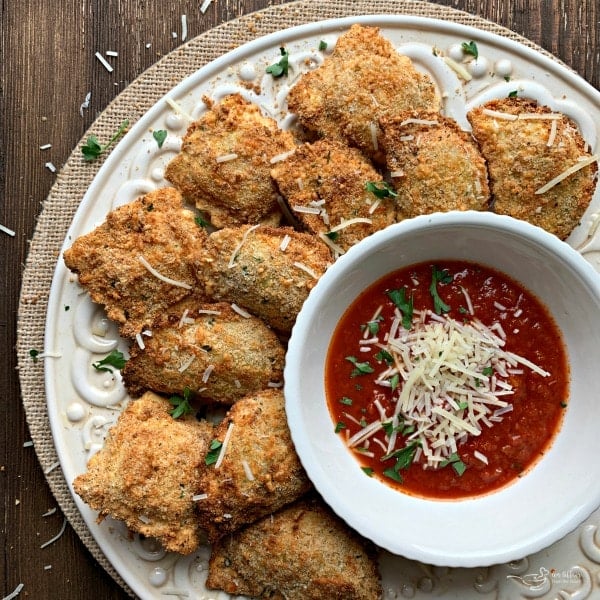 Overhead image of Air Fryer Toasted Ravioli on a serving plate