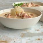 close up of Instant Pot Beer Cheese Soup with Kraut & Kielbasa