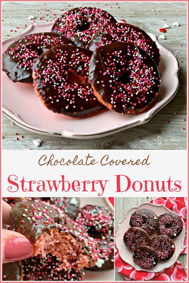 Baked Chocolate Covered Strawberry Donuts with real strawberries!