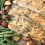 close up of Roasted Salmon Sheet Pan Meal with Potatoes & Green Beans