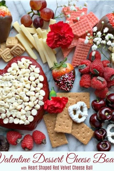 Valentine Dessert Cheese Board with Red Velvet Heart Shaped Cheese Ball