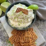 Overhead of Margarita Dip with Salted Pretzels
