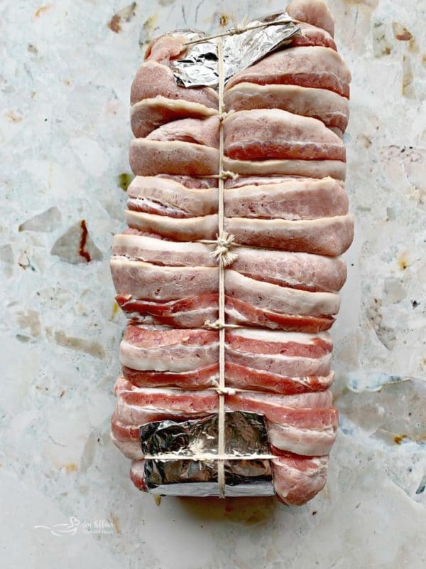 Bacon Wrapped Pork Tenderloin tied with butchers twine