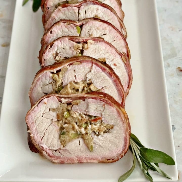 Bacon Wrapped Pork Loin with Sauerkraut Stuffing - Smoker Grilled