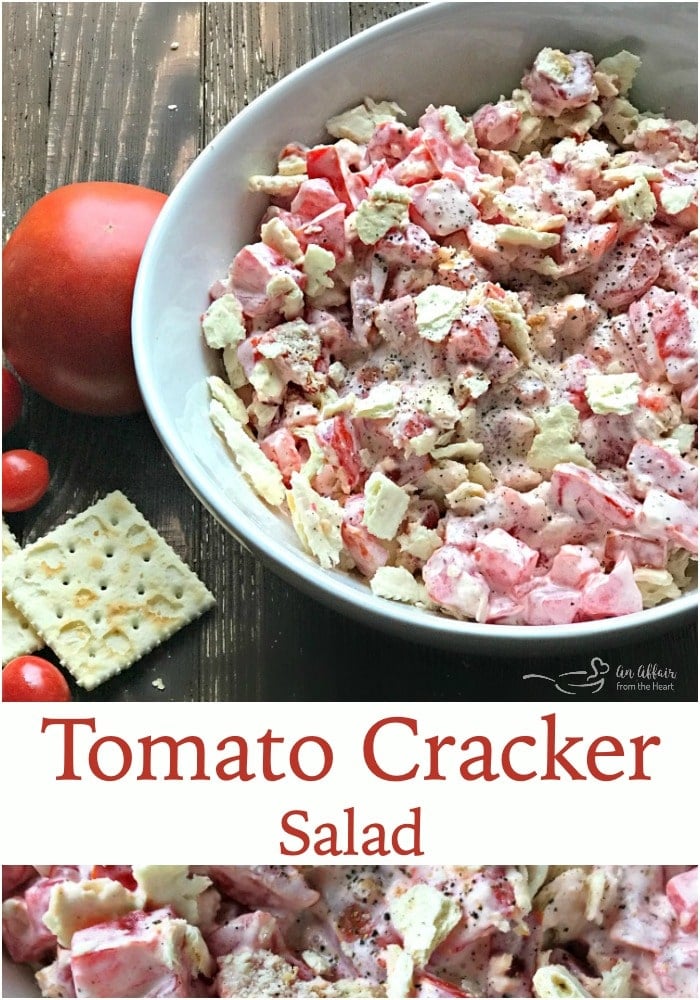 Pinterest double image with text "Tomato Cracker Salad"