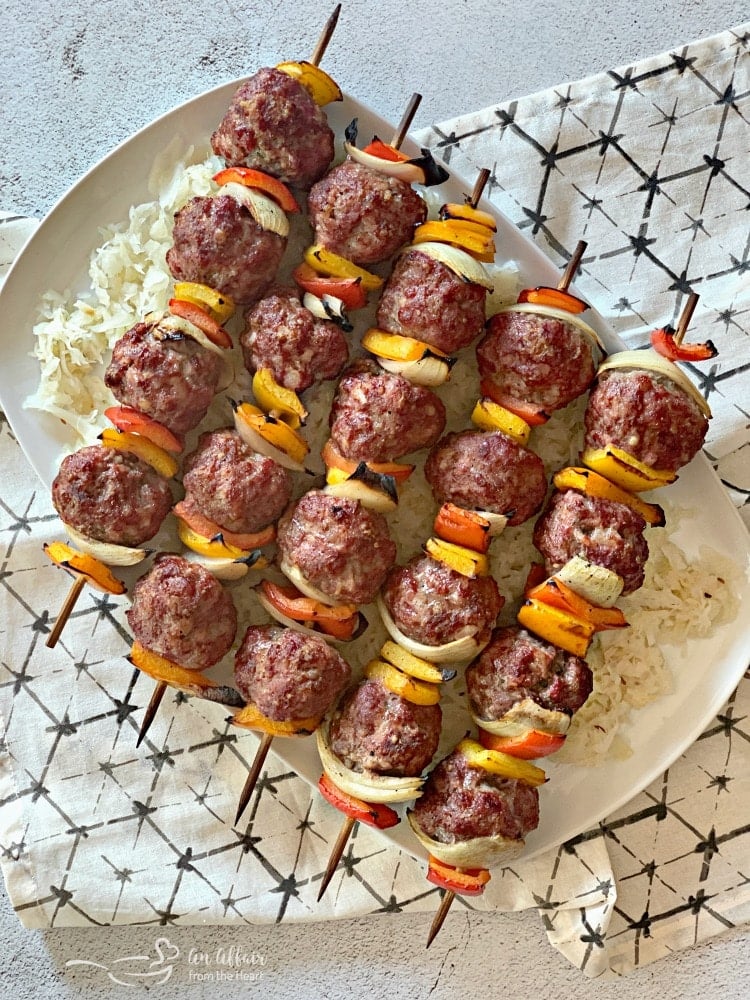 Overhead of Grilled Bratwurst & Kraut Meatball Kabobs