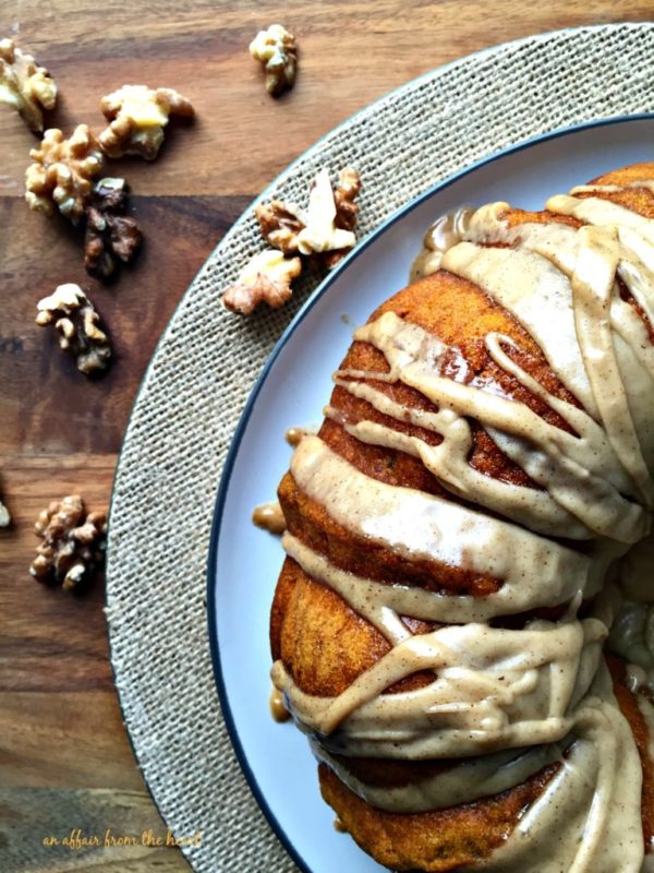 overhead of Pumpkin Spiced Coffee Cake with Brown Butter Glaze