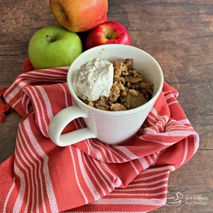 Apple Crisp in a Mug Microwaved with Fresh Apples. Dessert for One.