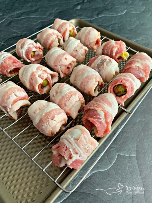 Bacon Wrapped Hot Brussels Sprouts on a baking sheet