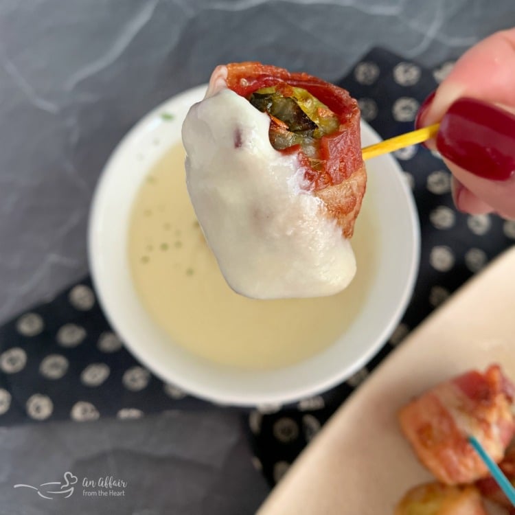 Bacon Wrapped Hot Brussels Sprouts with cheese dip