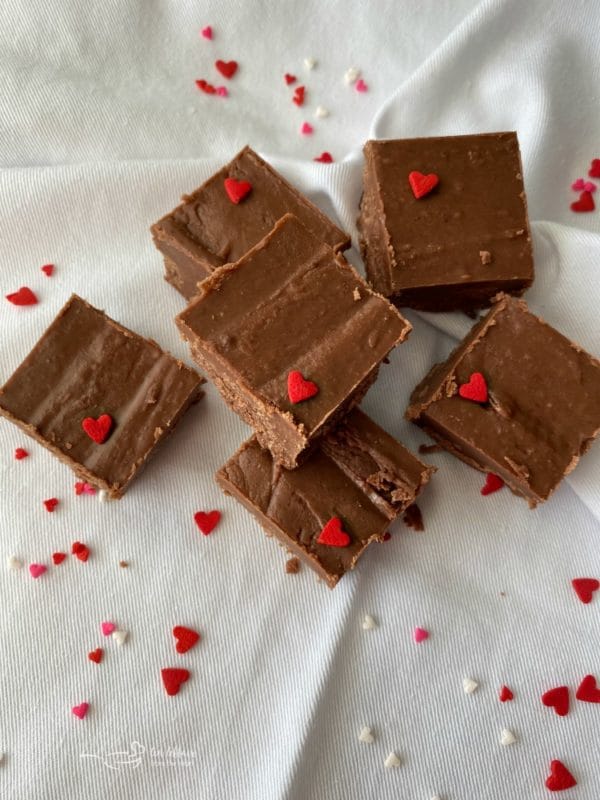 Never Fail Fudge Recipe Valentines Day on a white cloth