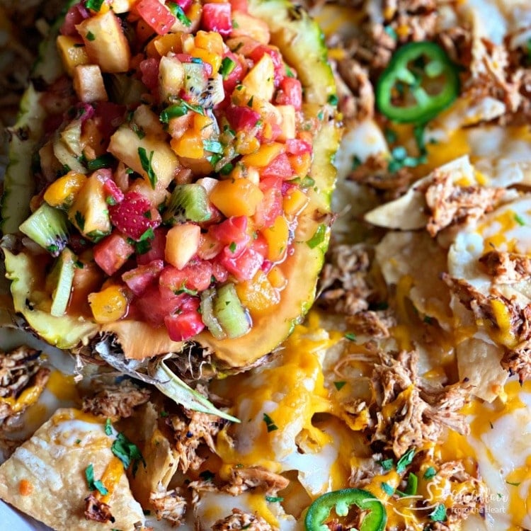 Close up of Tropical Chicken Nachos with Tropical Salsa