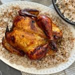 Overhead of Jamaican Jerk Glazed Chicken over Sweet Coconut Rice