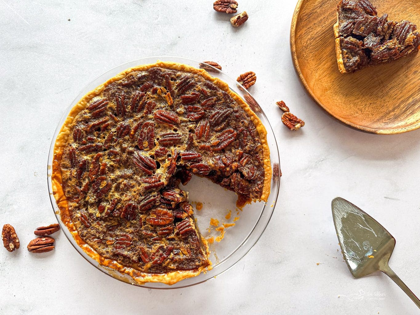 Pecan pie missing a slice