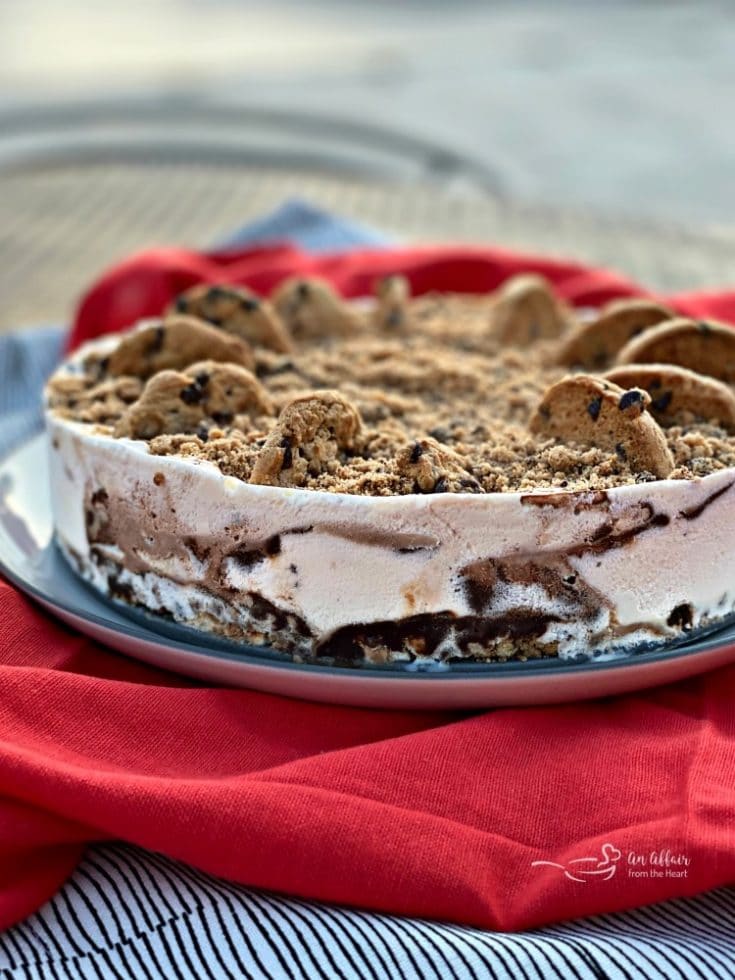 Side view of the chocolate chip cookie dough ice cream cake