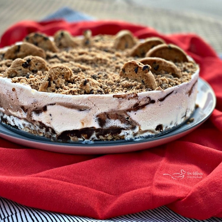 Side view of the chocolate chip cookie dough ice cream cake