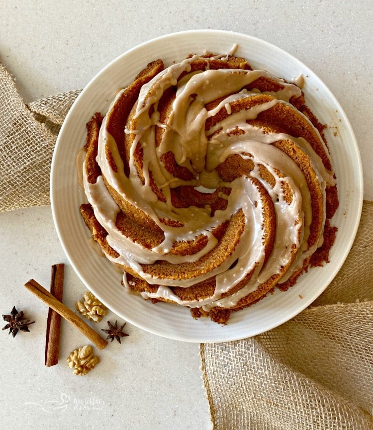 Warm Cinnamon Spice Coffee Cake 4 Top view of Cinnamon Spice Coffee Cake with glaze