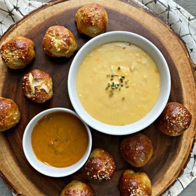 Sausage Pretzel Bombs with Mustard Cheese Sauce