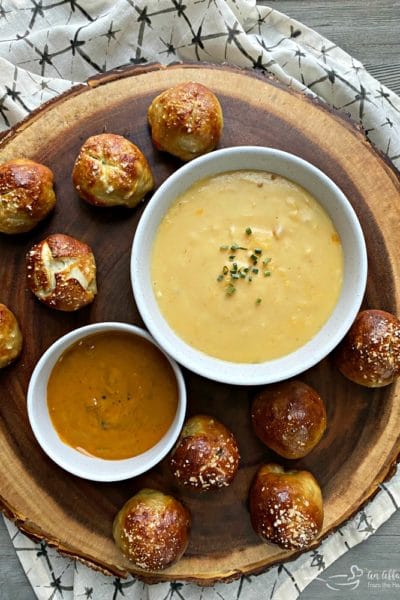 Sausage Pretzel Bombs with Mustard Cheese Sauce