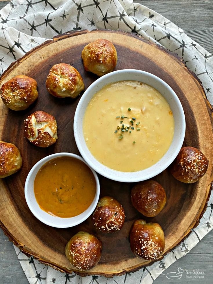 Top view Appetizer recipe Sausage Pretzel Bombs with Mustard Cheese Sauce