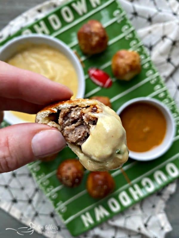 Sausage Pretzel Bombs with Mustard Cheese Sauce