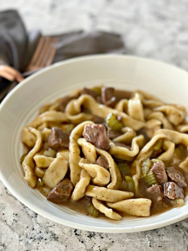 Beef & Noodles in a white bowl