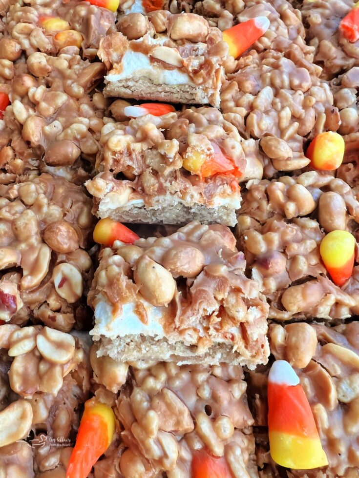 Candy Corn Salted Nut Rolls layered with the inside showing.