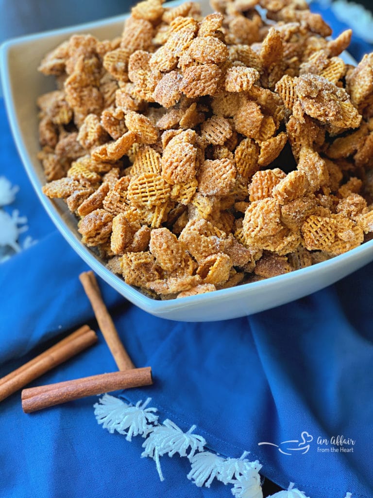 Caramel Churro Chex Mix blue back ground