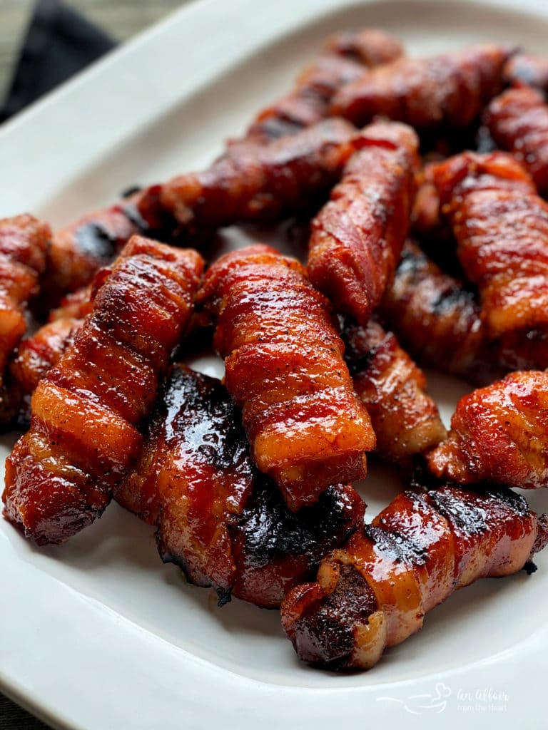 Sweet & Spicy Bacon Wrapped Pork Ribs close up