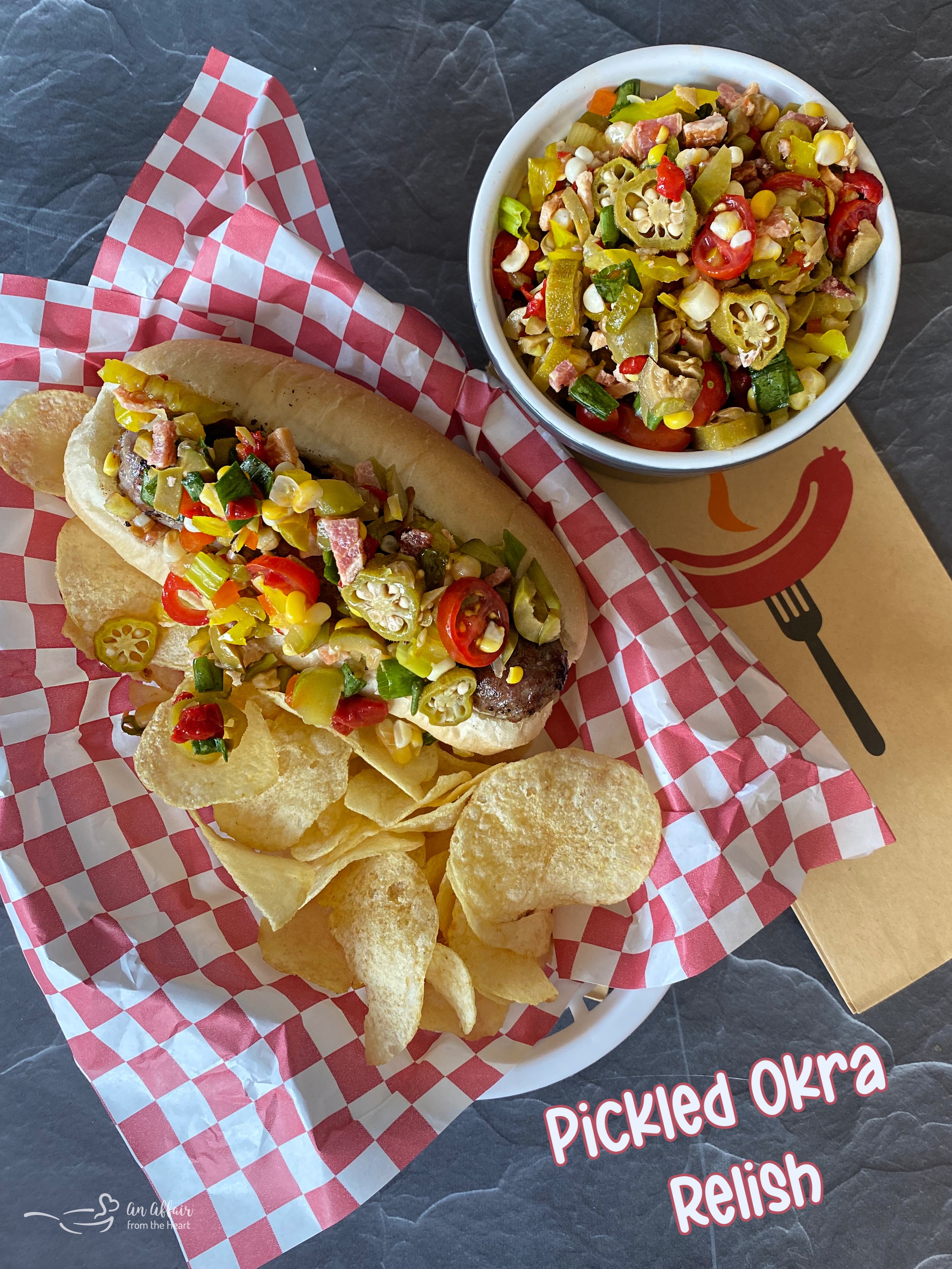 Pickled Okra Relish Bacon, pickled veggies, fresh tomatoes & corn