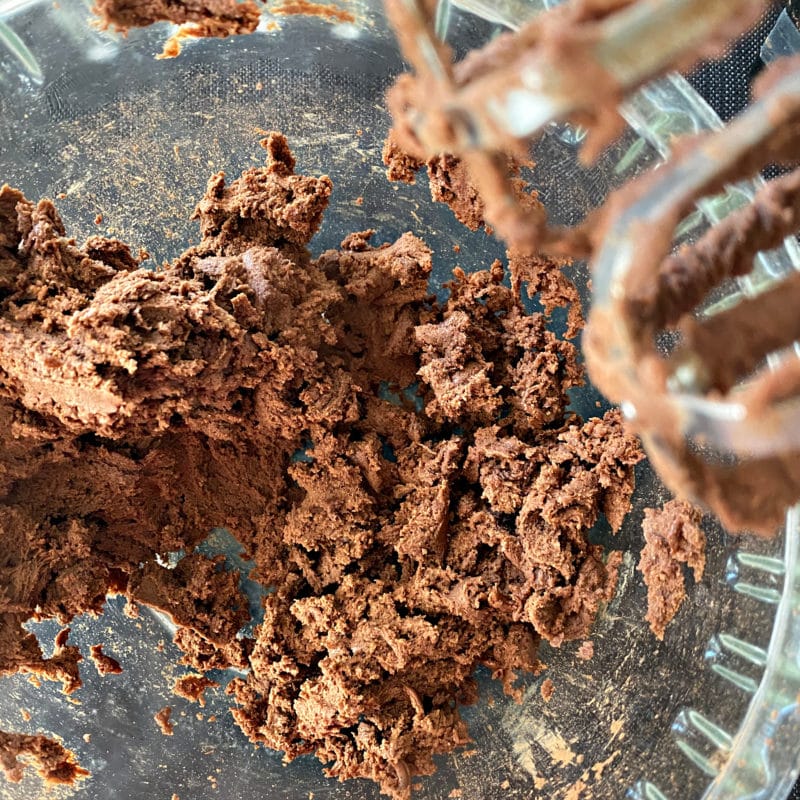 Preparing Halloween Chocolate Sugar cookies mixed up dough in bowl