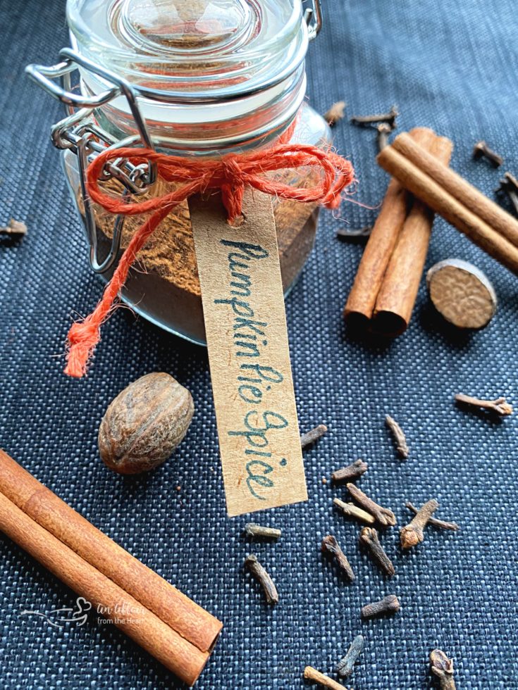 Pumpkin pie spice in a jar with a gift tag