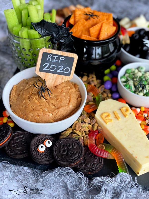 Side view of Halloween snack board