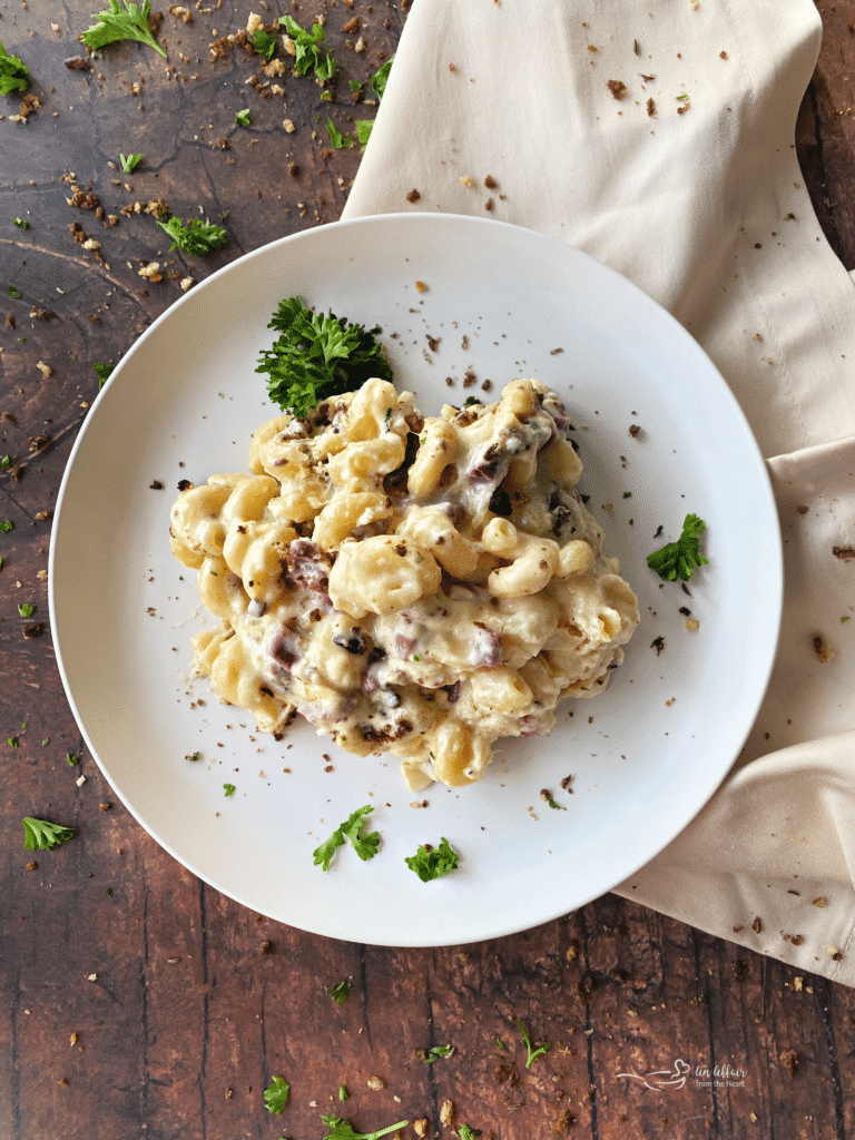 Overhead of Reuben Mac n Cheese on white plate