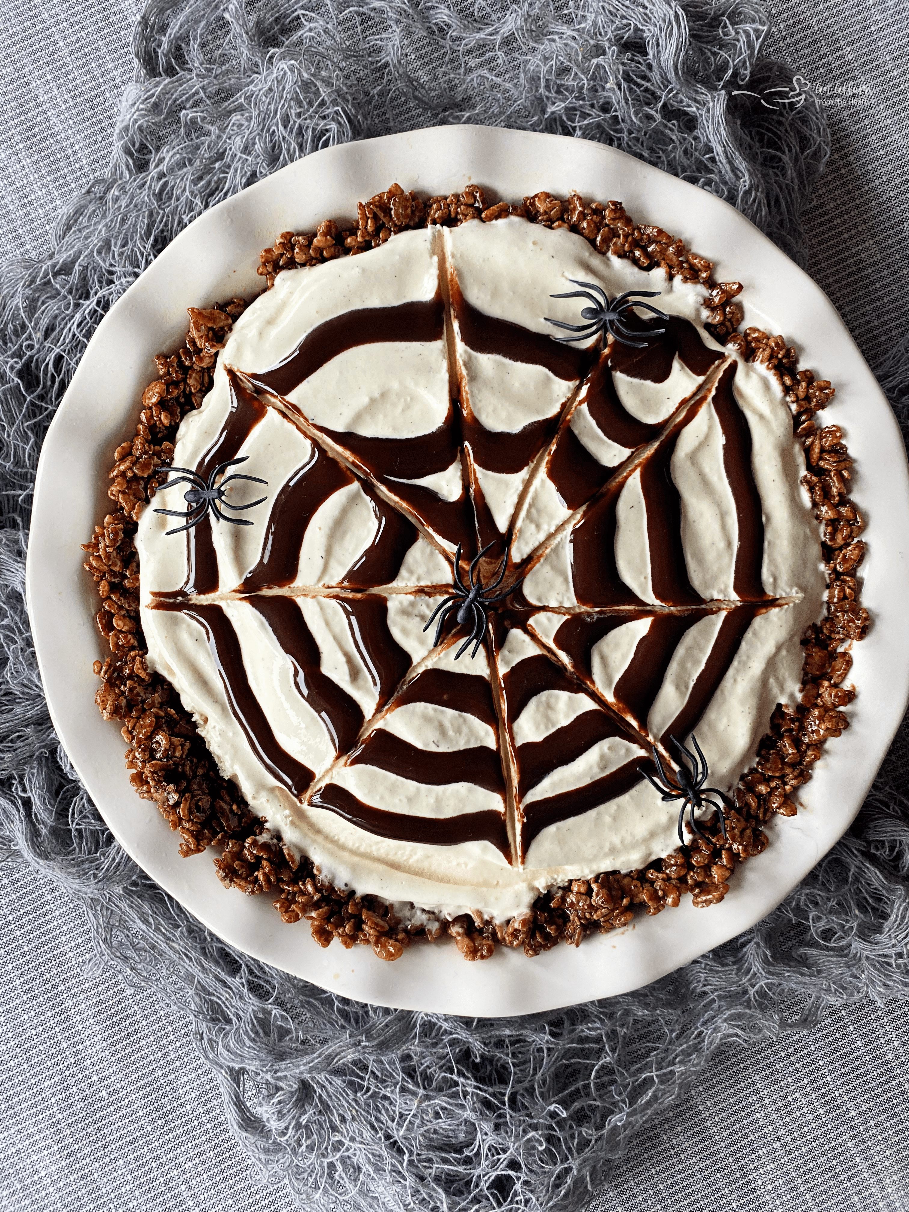 Overhead of Spider Web Ice Cream Pie on a white pie plate