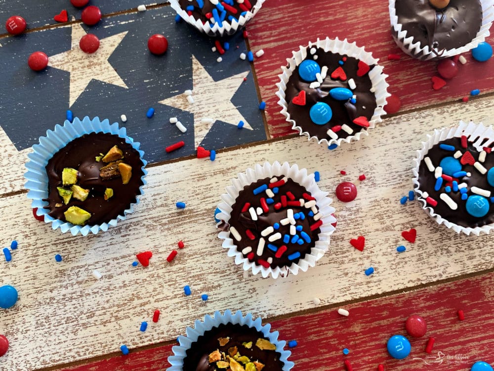 Veterans Day Homemade Chocolate Candies Red white and blue flag background