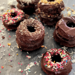 donuts stacked on a counter