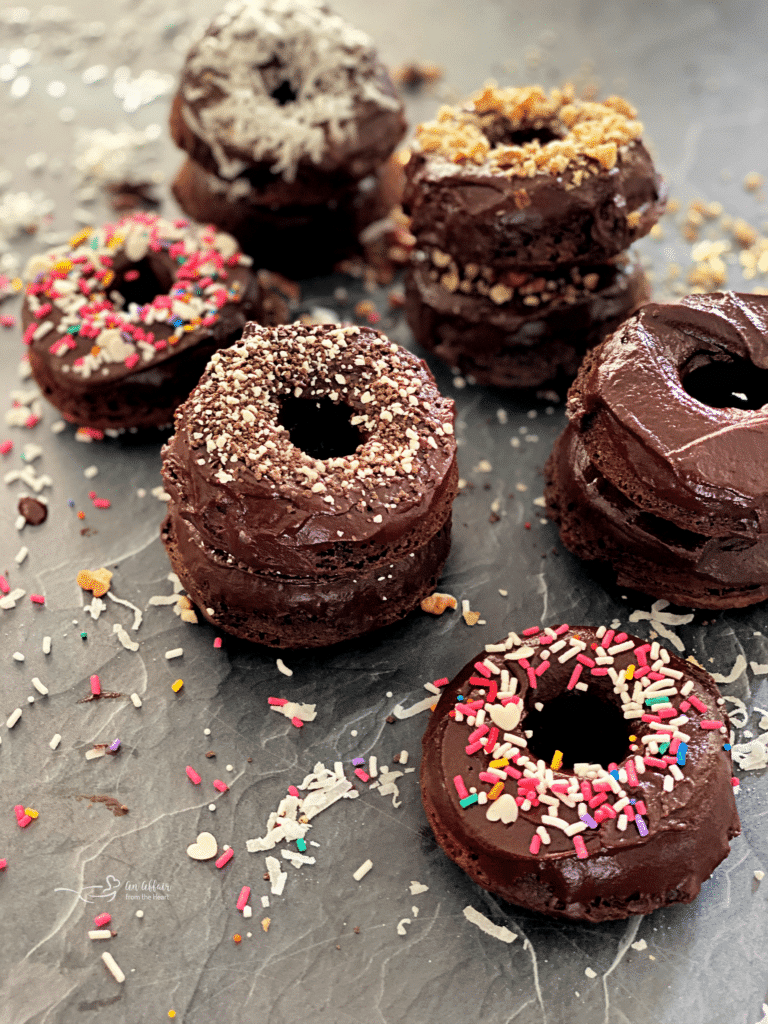 donuts stacked on a counter