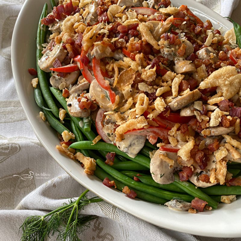 From Scratch Green Bean Casserole in white casserole dish