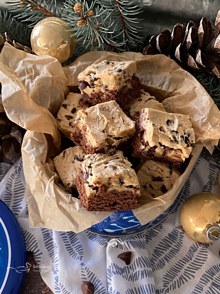 Chocolate Chip Cookie Dough Brownies in a cookie tin