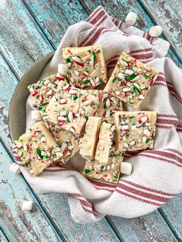 Overhead of White chocolate peppermint fudge in a bowl