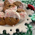 Peppermint Dipped Chocolate Chip Cookies on snowflake plate