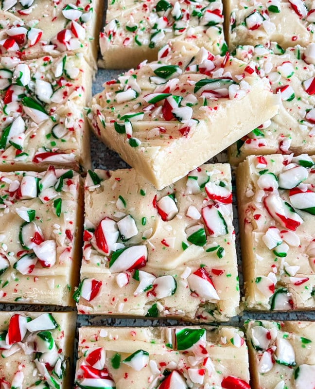 Close up of White chocolate peppermint fudge